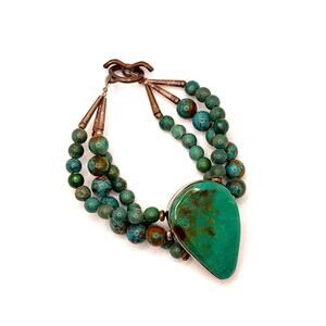 Vintage 90s Stamped Sterling Silver Blue Green Turquoise Triple Strand Bracelet